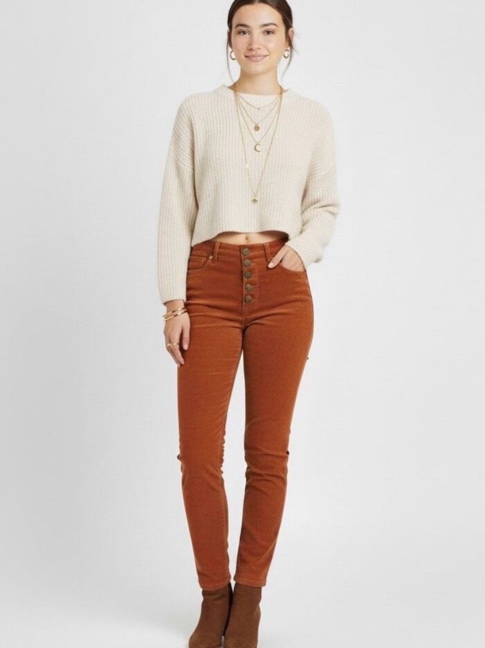 NWOT CAbi High-Rise Skinny Jeans in Rust Brown